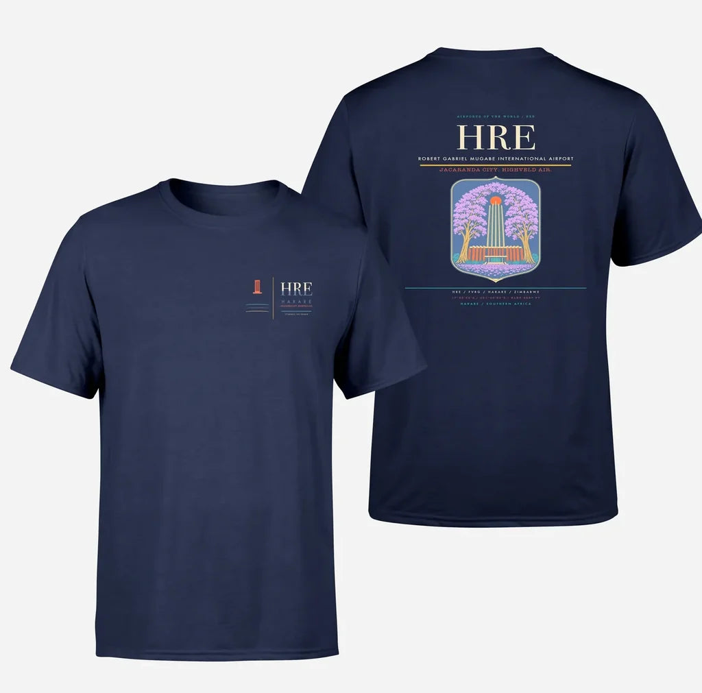 Robert Gabriel Mugabe International Airport (HRE) design printed on navy blue double-side t-shirt