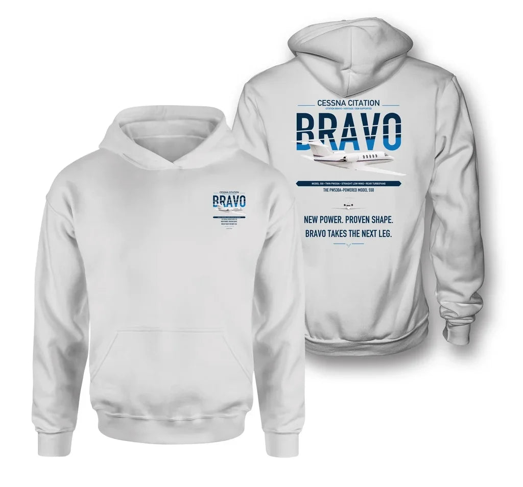 Cessna Citation Bravo design on white double-side hoodie, double-side print