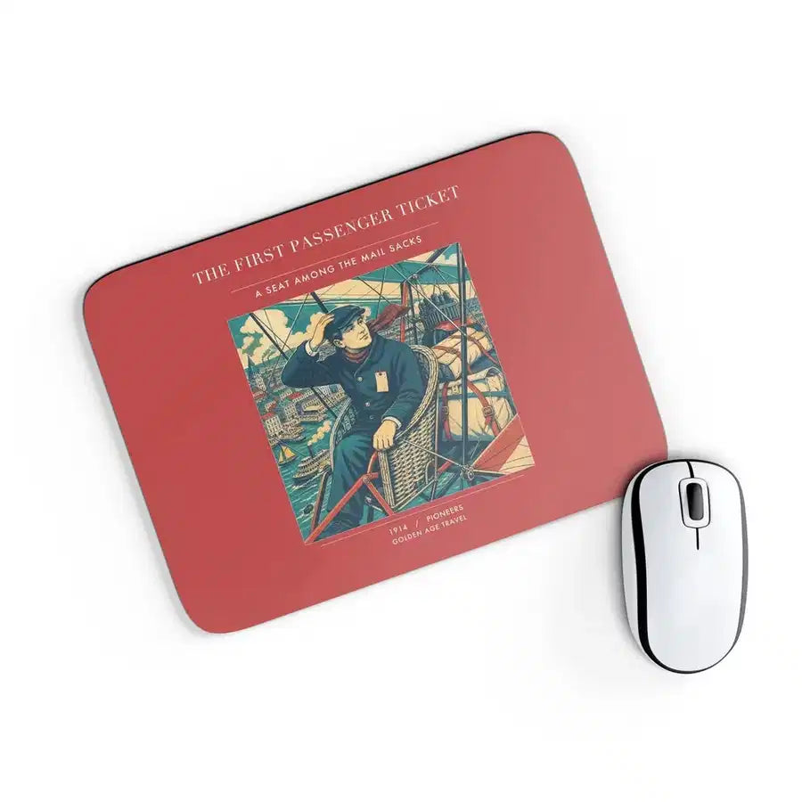 VINTAGE G4321 - The First Passenger Ticket - Designed Mouse Pads design on red rectangle
