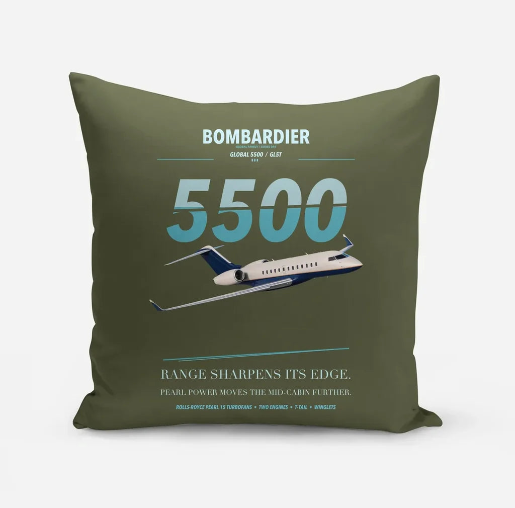 Bombardier Global 5500 design on green army pillow
