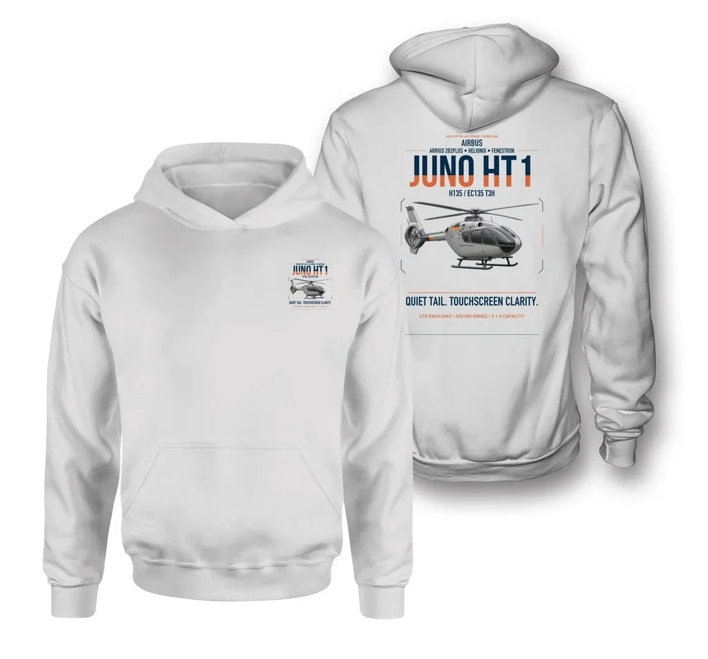 Airbus H135 Juno HT1 design on white double-side hoodie, double-side print