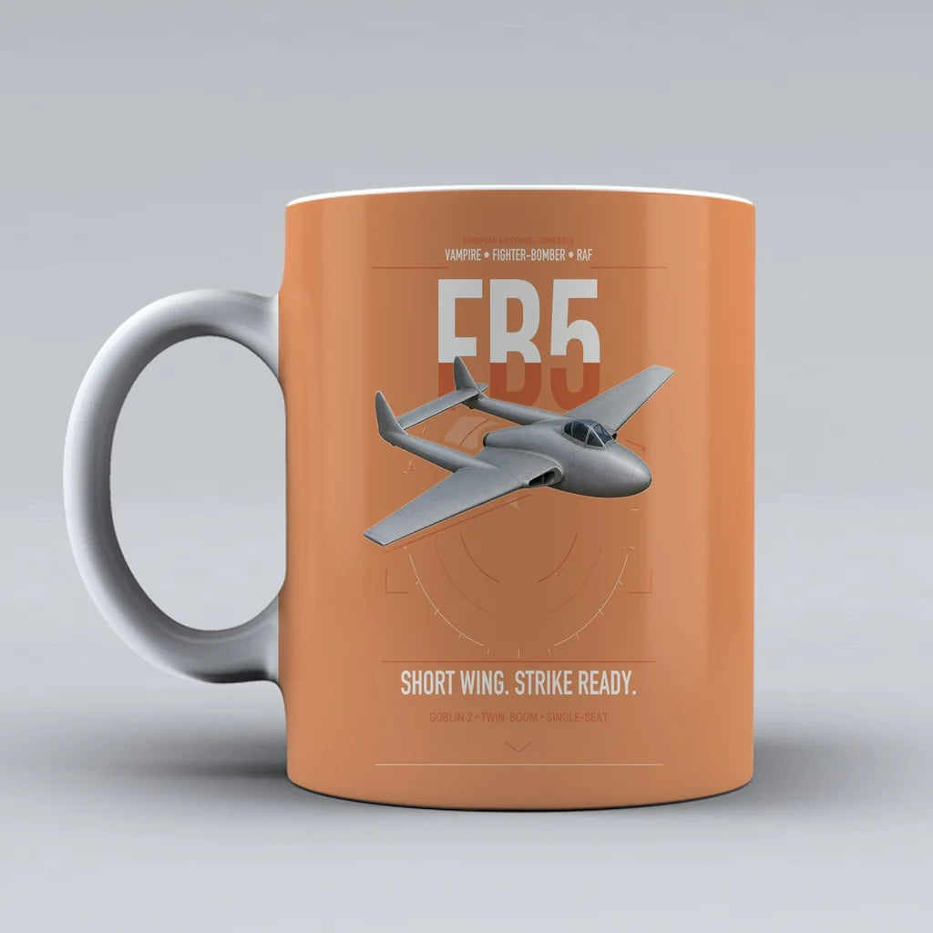 de Havilland Vampire FB5 design on orange ceramic mug, double-side print