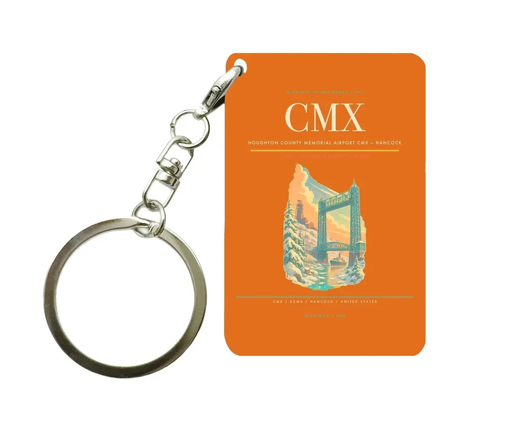 Houghton County Memorial Airport (CMX) design on orange key chain