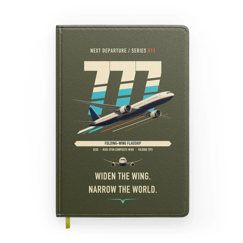 Boeing 777-9 design on green army notebook