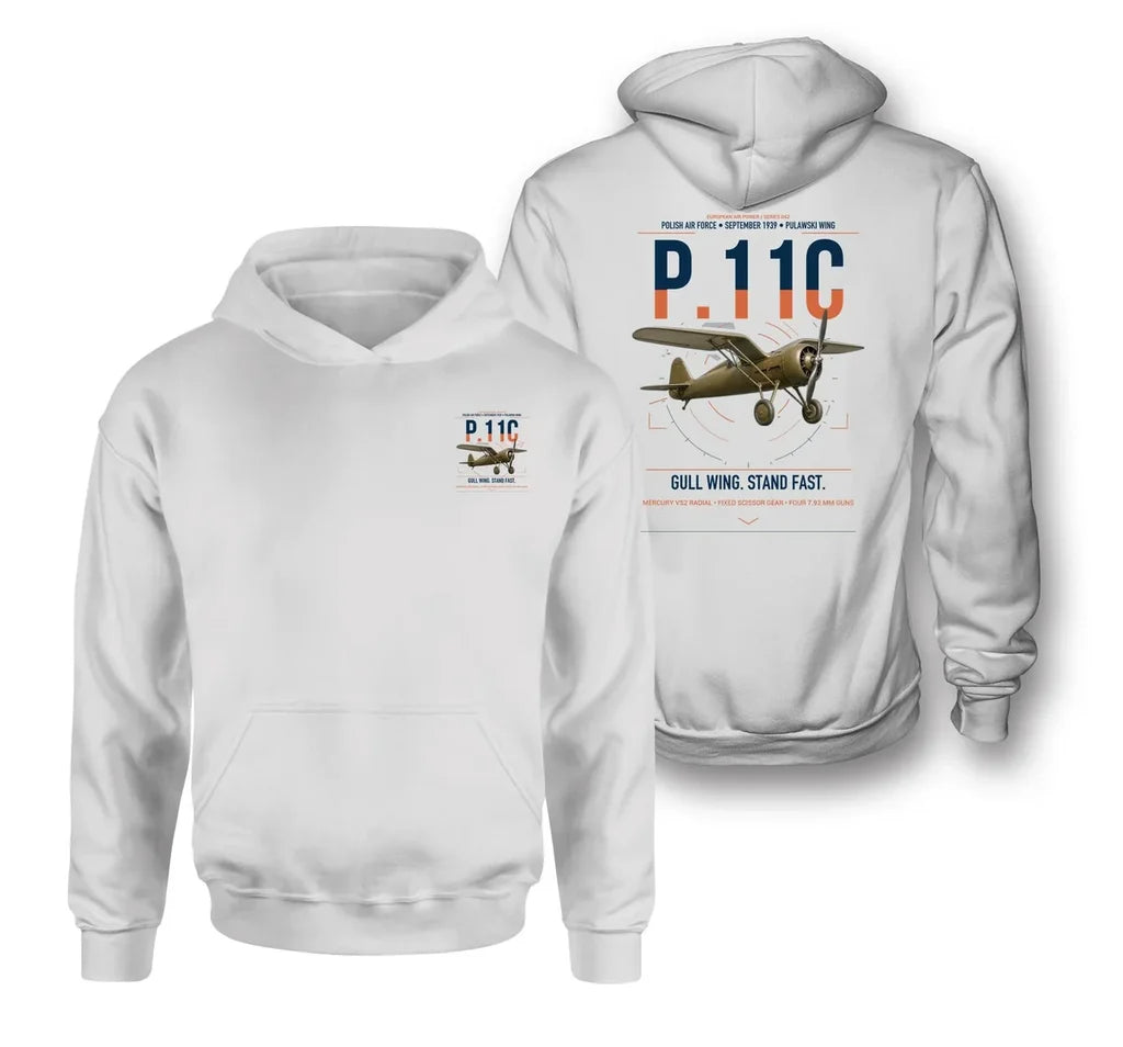PZL P.11c design on white double-side hoodie, double-side print