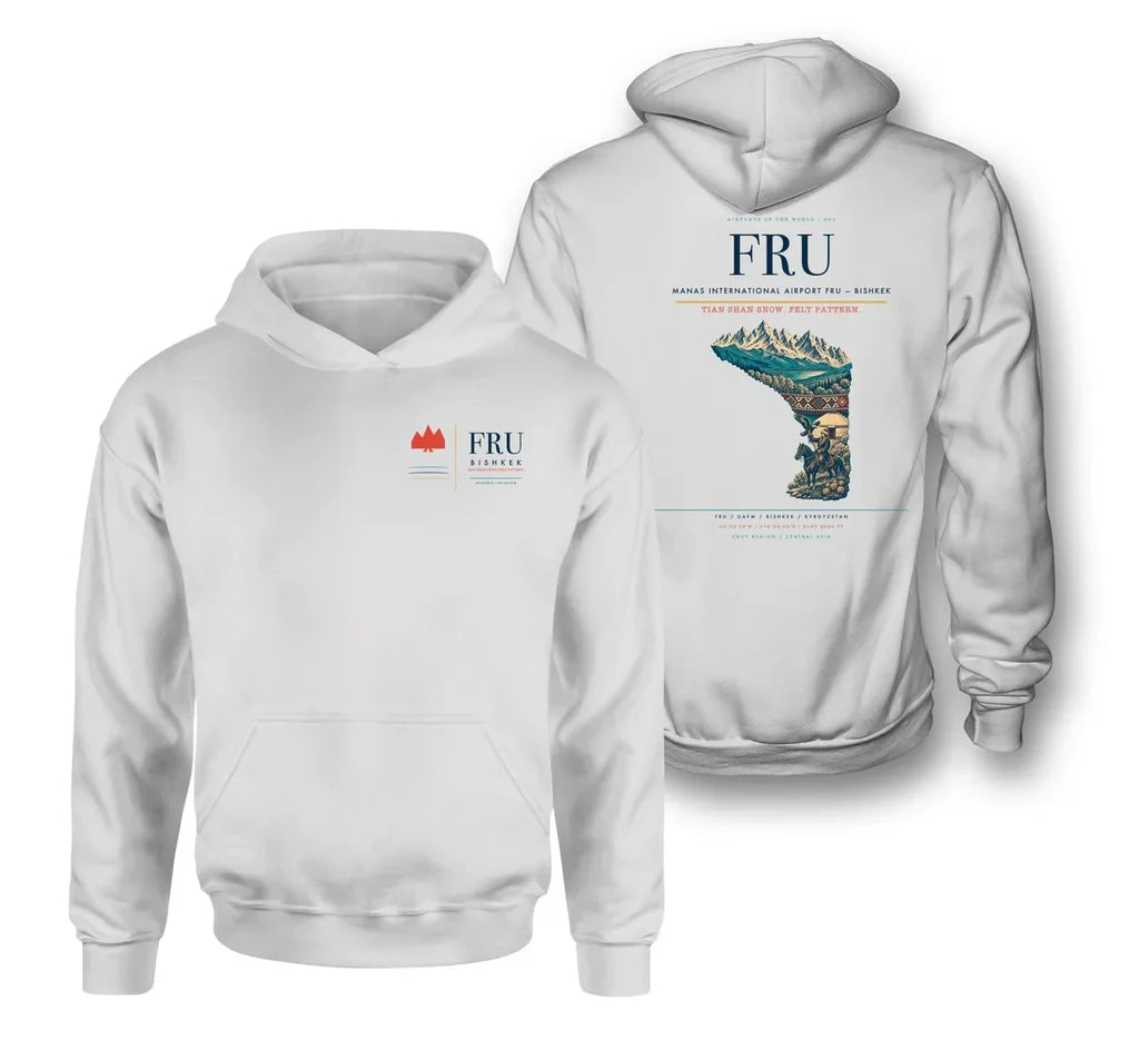 Manas International Airport (FRU) design on white double-side hoodie