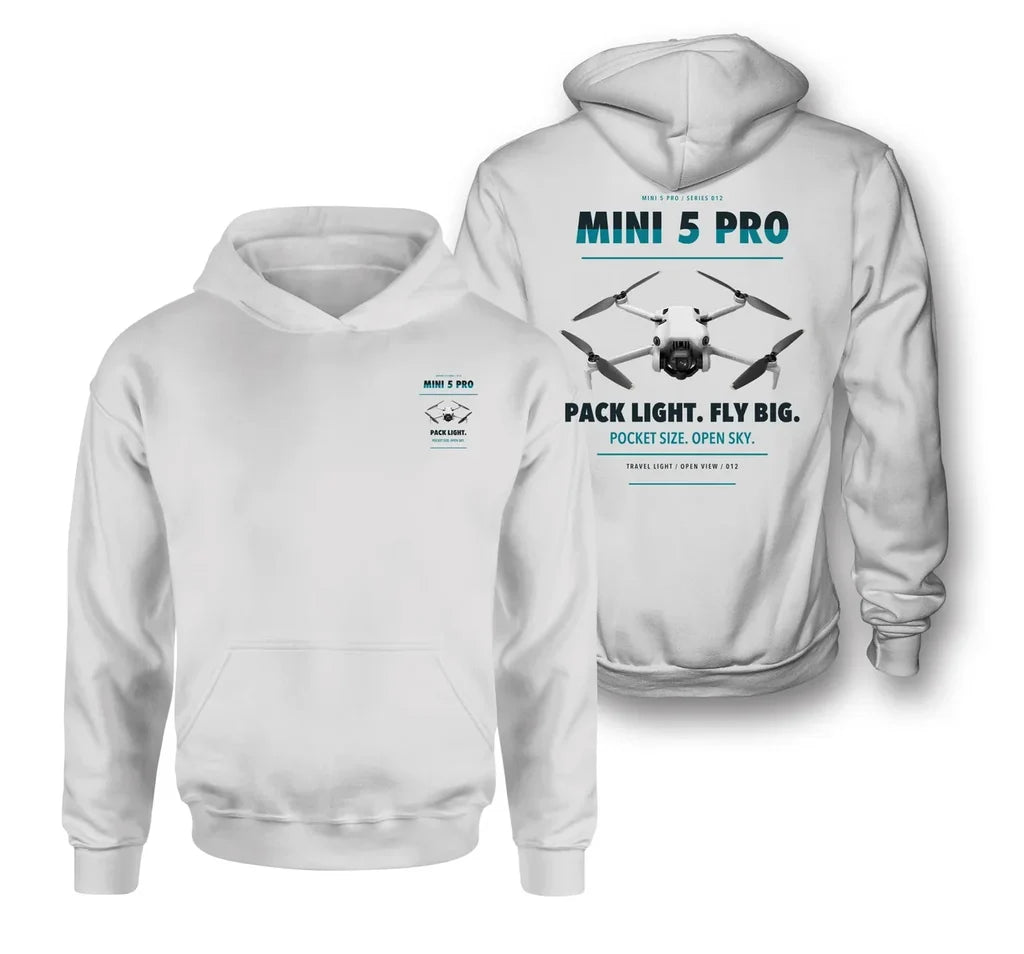 DJI Mini 5 Pro design on white hoodie
