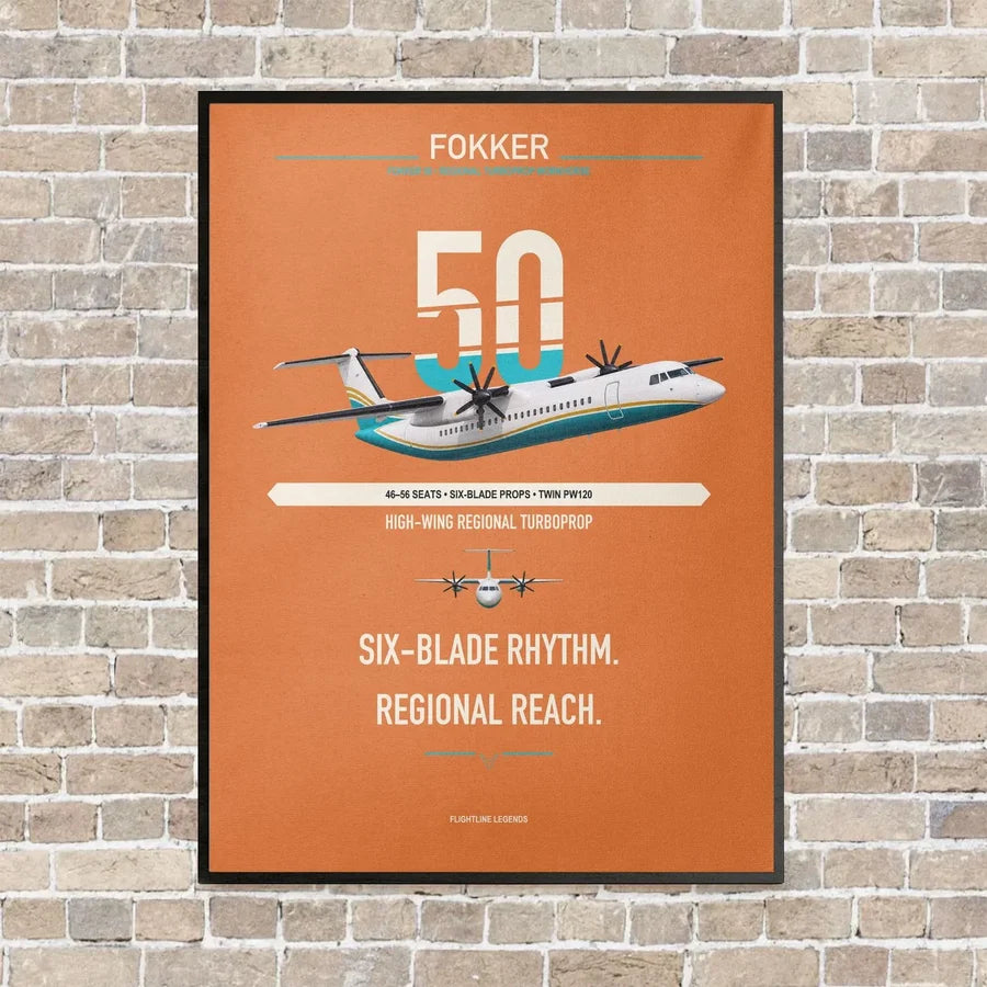 Fokker 50 vertical canvas print - framed - orange background
