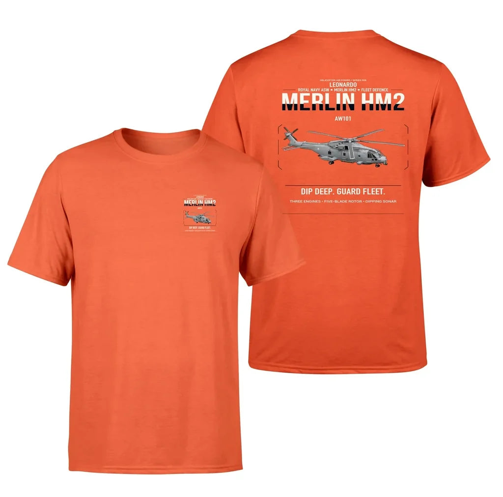 Leonardo AW101 Merlin HM2 design on orange t-shirt, double-side print
