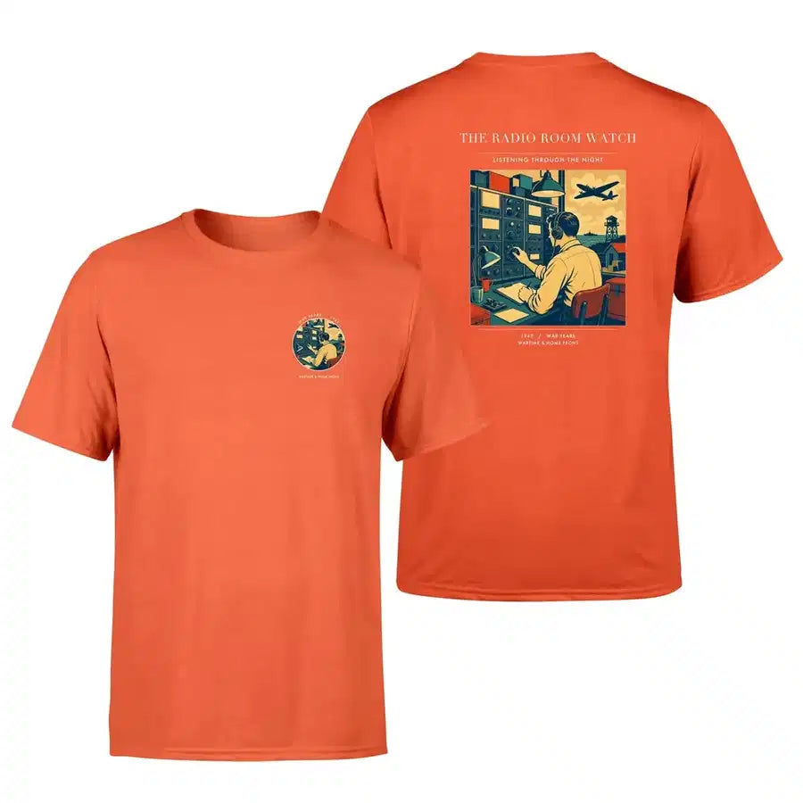 VINTAGE G4514 - The Radio Room Watch - Double-Side T-Shirt design on orange double side t shirt