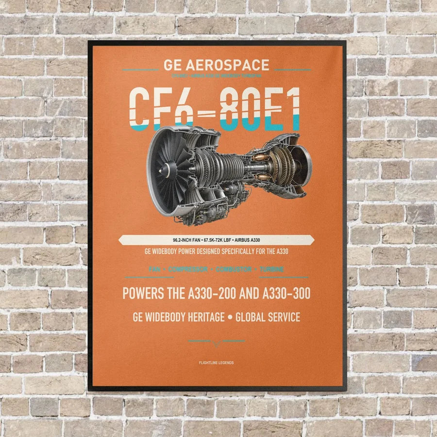 CF6-80E1 vertical canvas print - framed - orange background