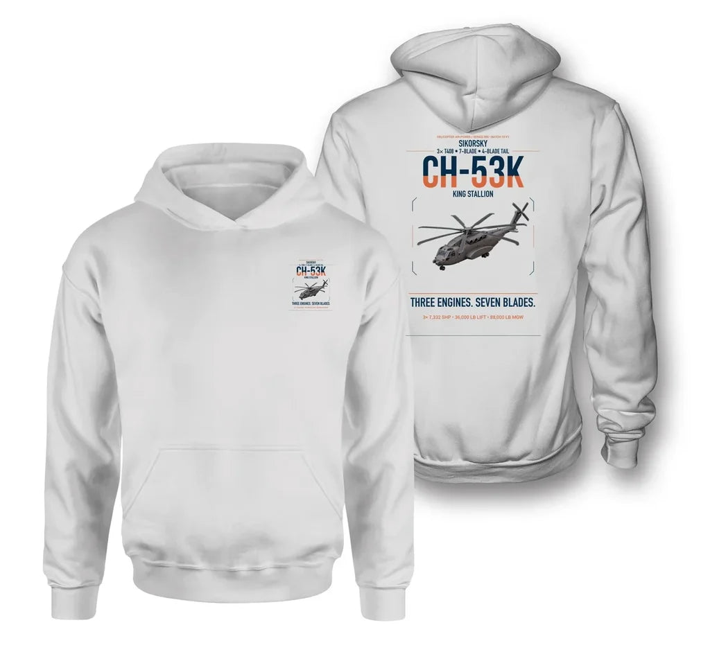 Sikorsky CH-53K King Stallion design on white double-side hoodie, double-side print