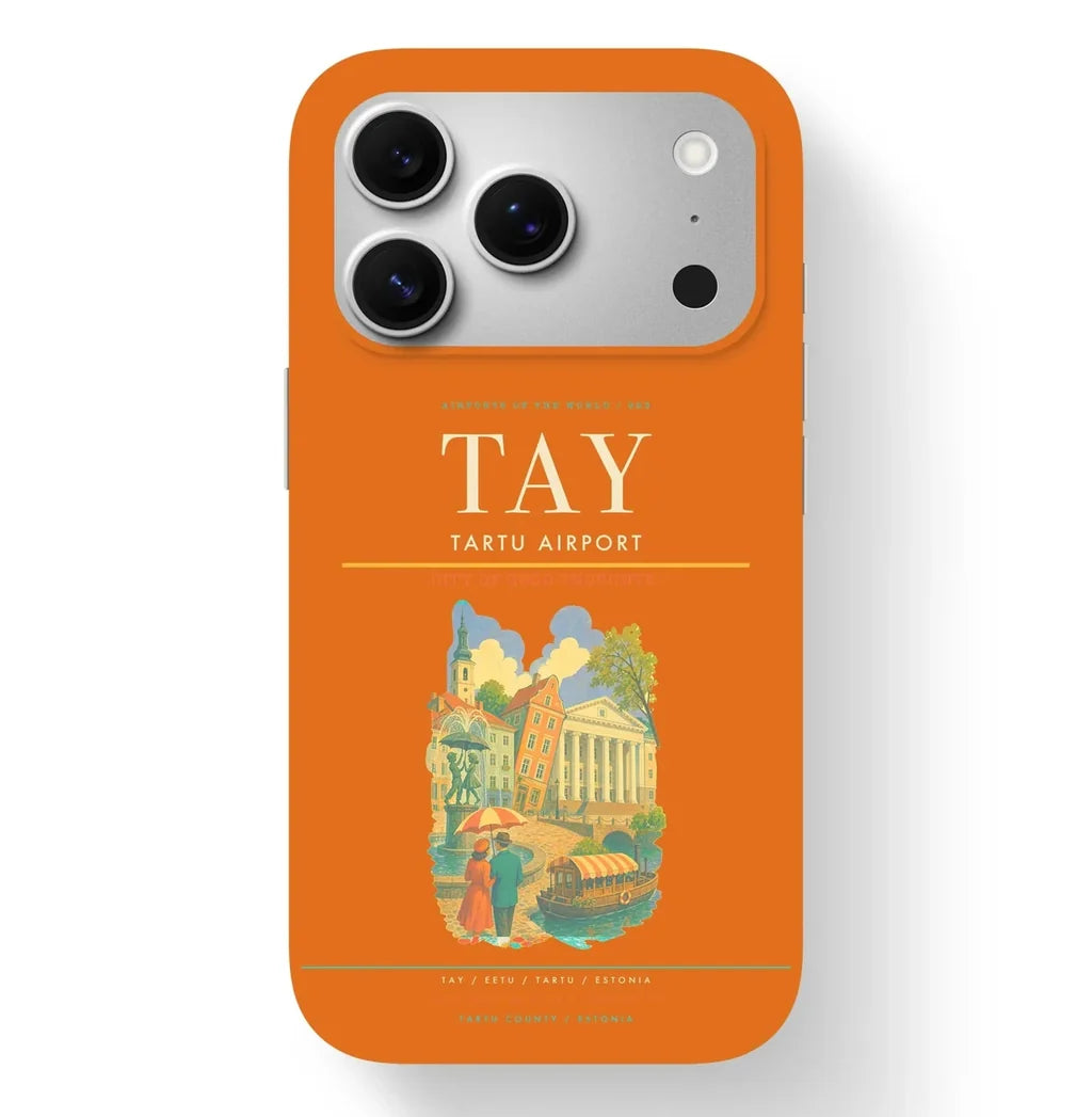 Tartu Airport (TAY) design on orange iPhone 17 Pro MagSafe case