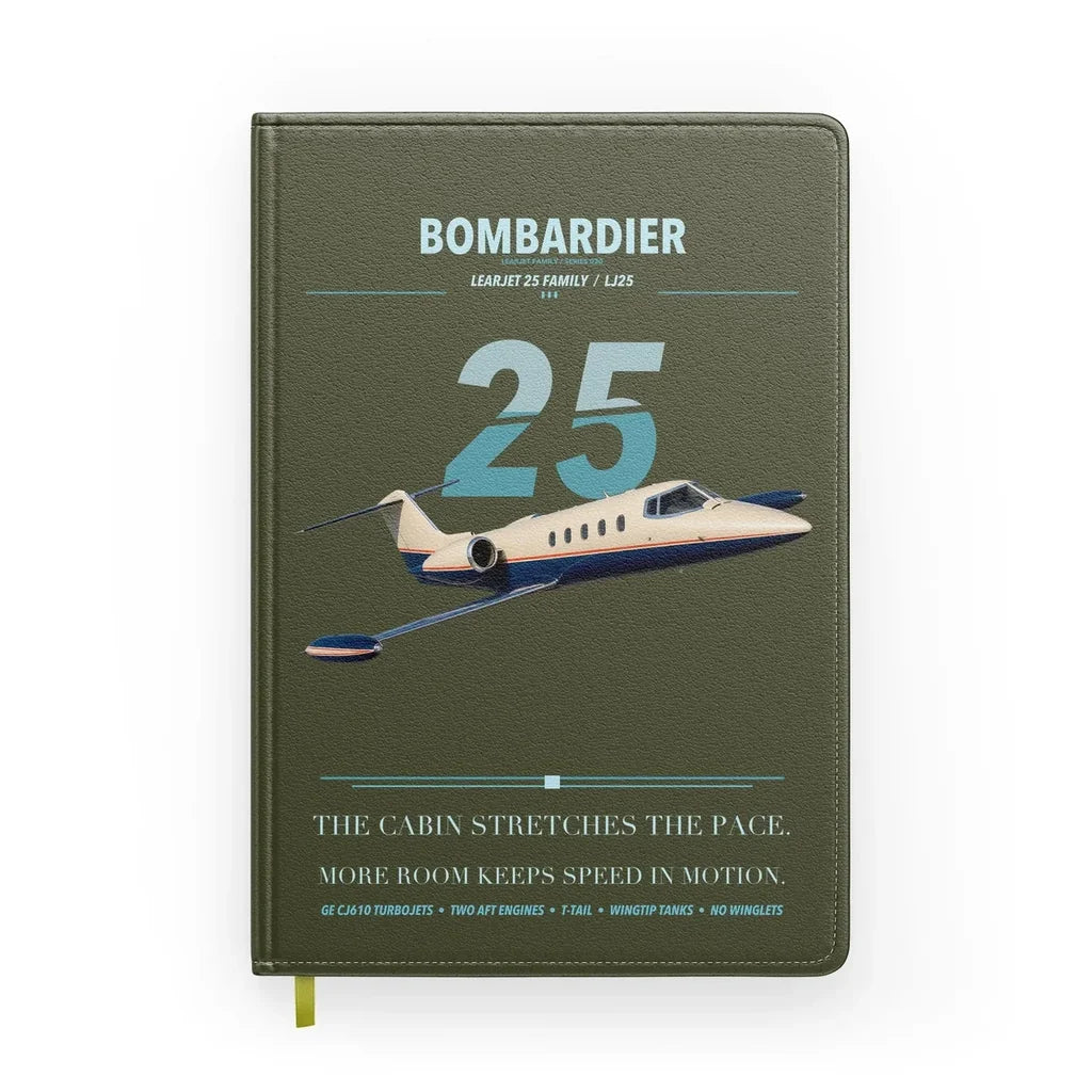 Bombardier Learjet 25 design on green army notebook