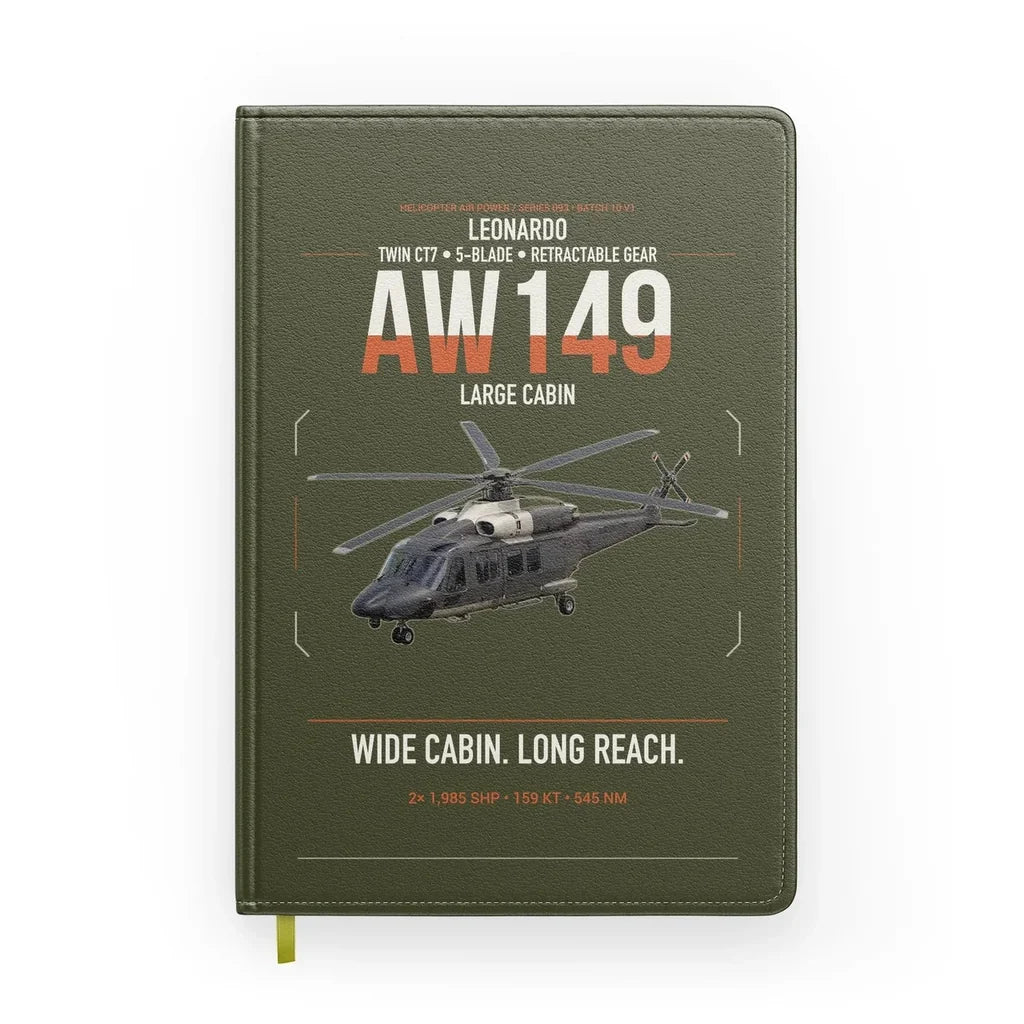 Leonardo AW149 design on green army notebook