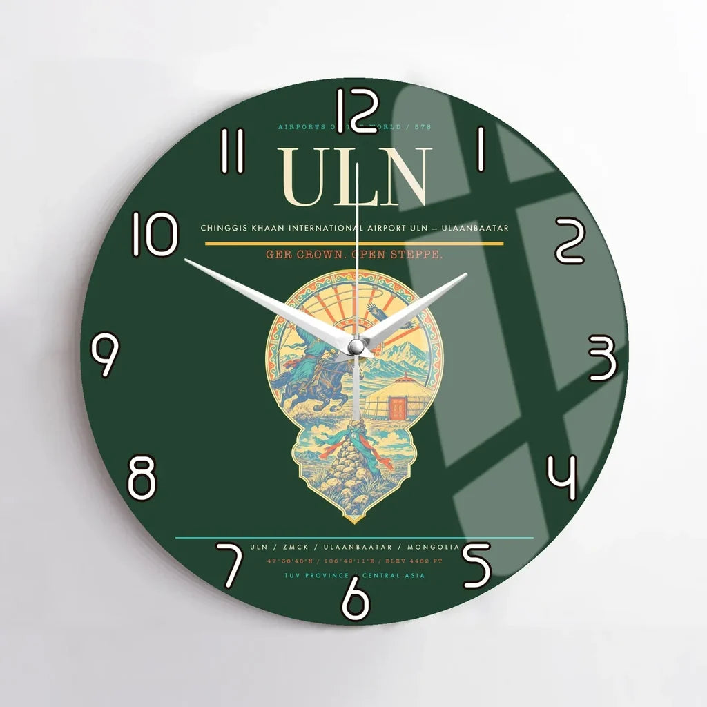 Chinggis Khaan International Airport (ULN) design on dark green no frame wall clock
