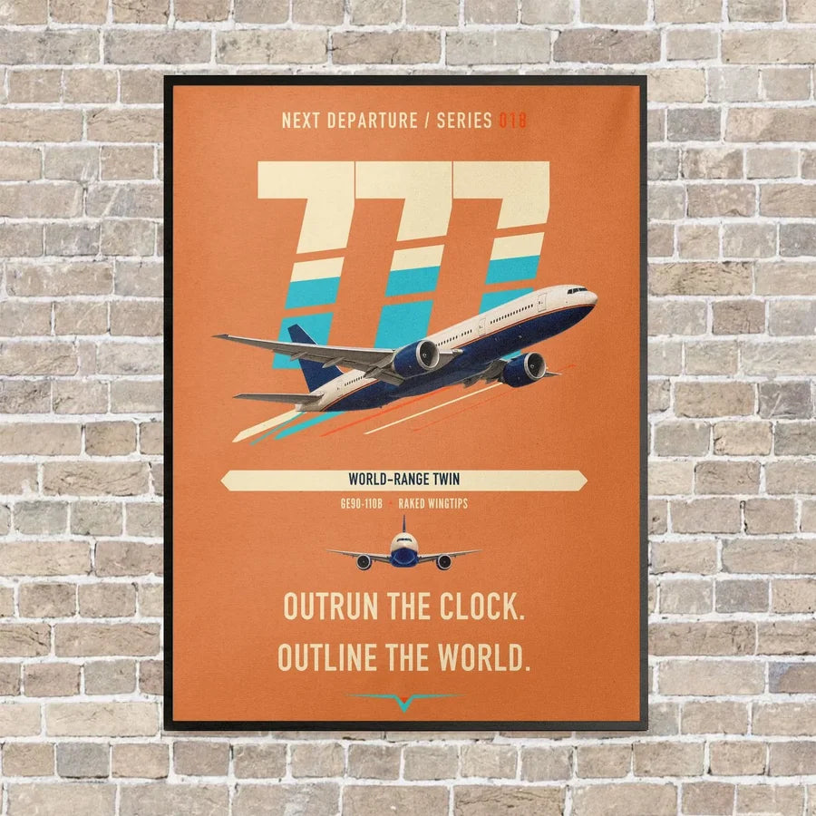 Boeing 777-200LR vertical canvas print - framed - orange background