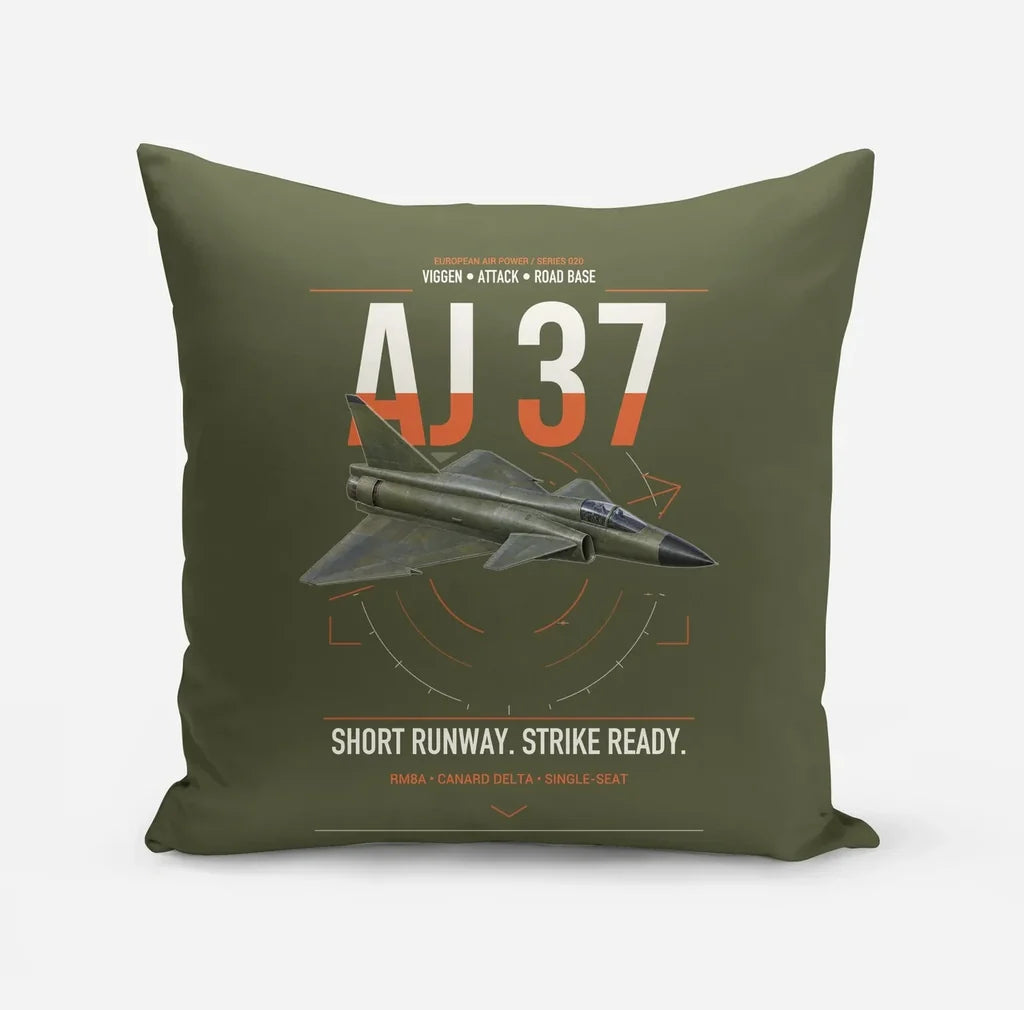 Saab AJ 37 Viggen design on green army pillow