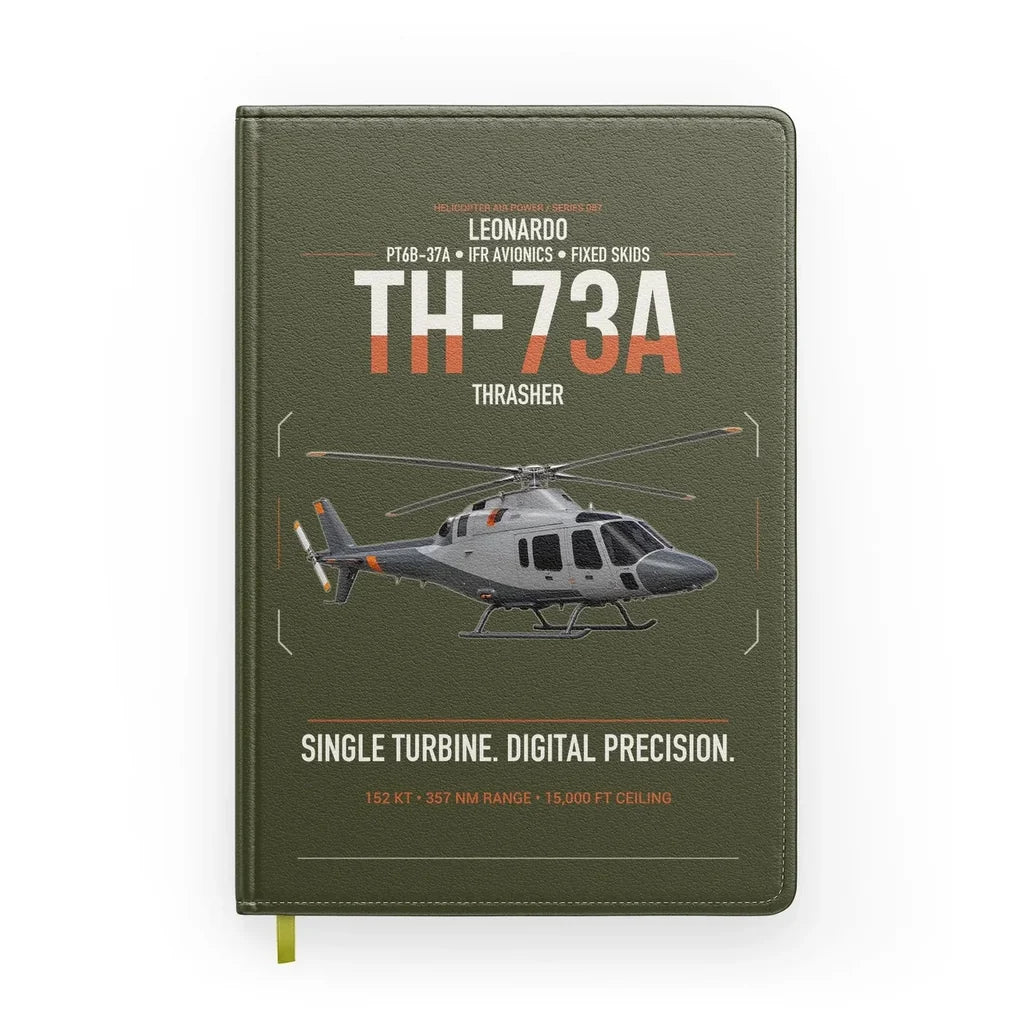 Leonardo TH-73A Thrasher design on green army notebook