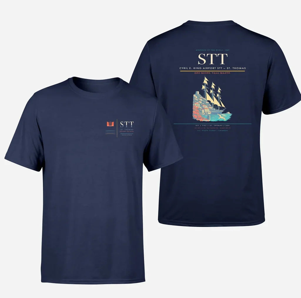 Cyril E. King Airport (STT) design printed on navy blue double-side t-shirt