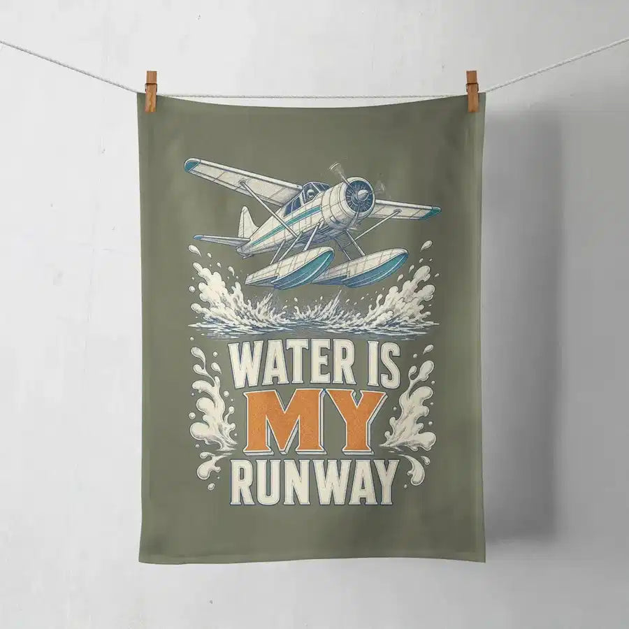 Water Is My Runway design on green army towel