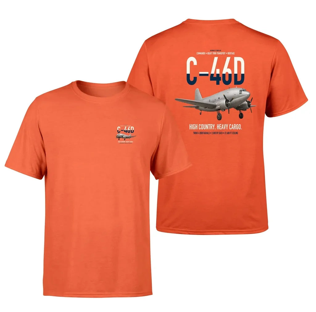 C-46D Commando design on orange double-side t-shirt, double-side print