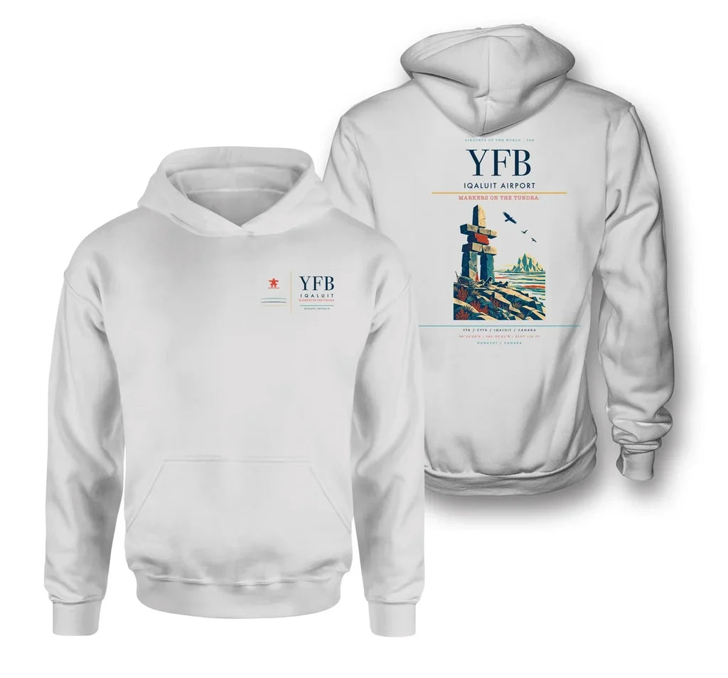 Iqaluit Airport (YFB) design on white double-side hoodie