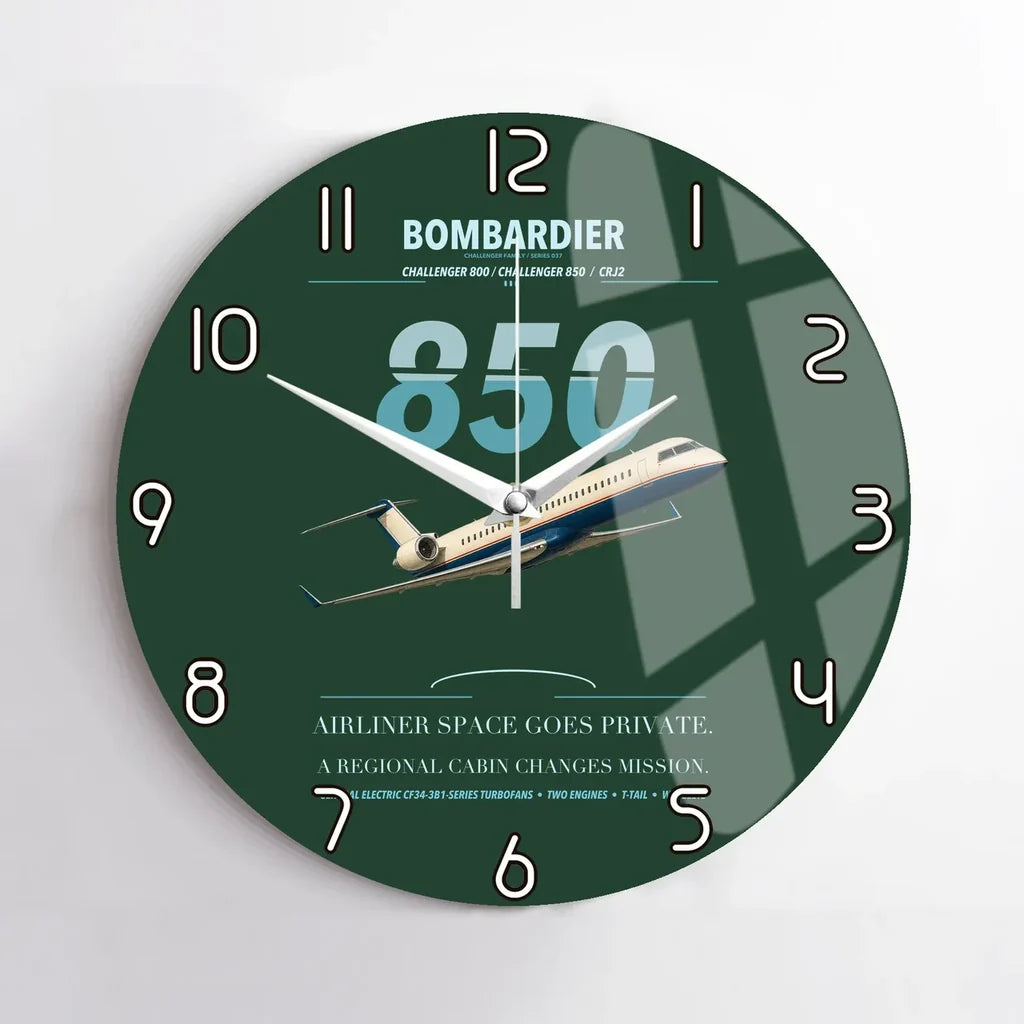 Bombardier Challenger 850 design on dark green no frame wall clock