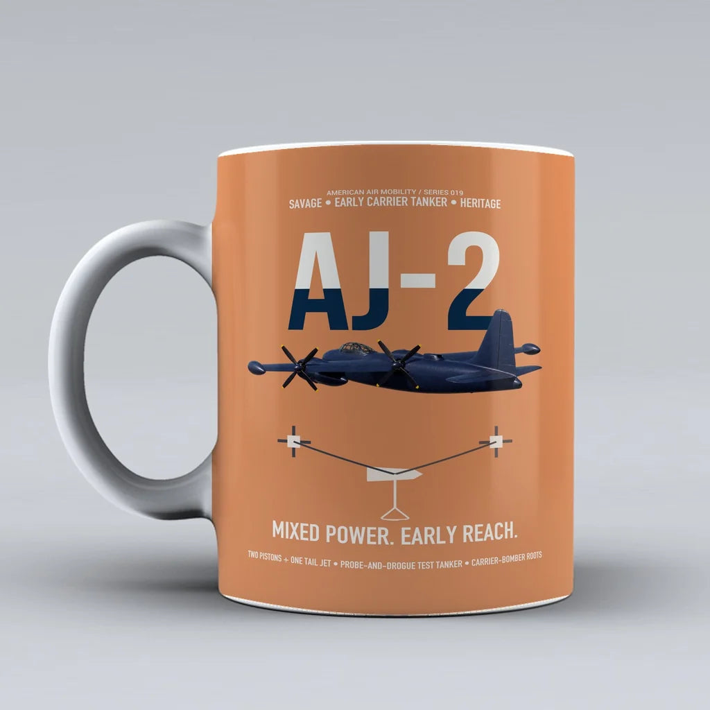 AJ-2 Savage Tanker design on orange ceramic mug, double-side print