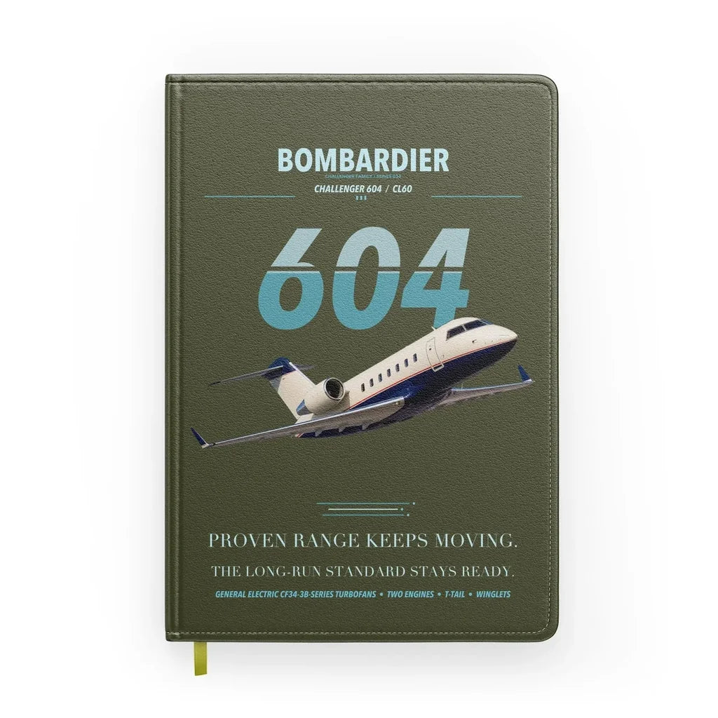 Bombardier Challenger 604 design on green army notebook