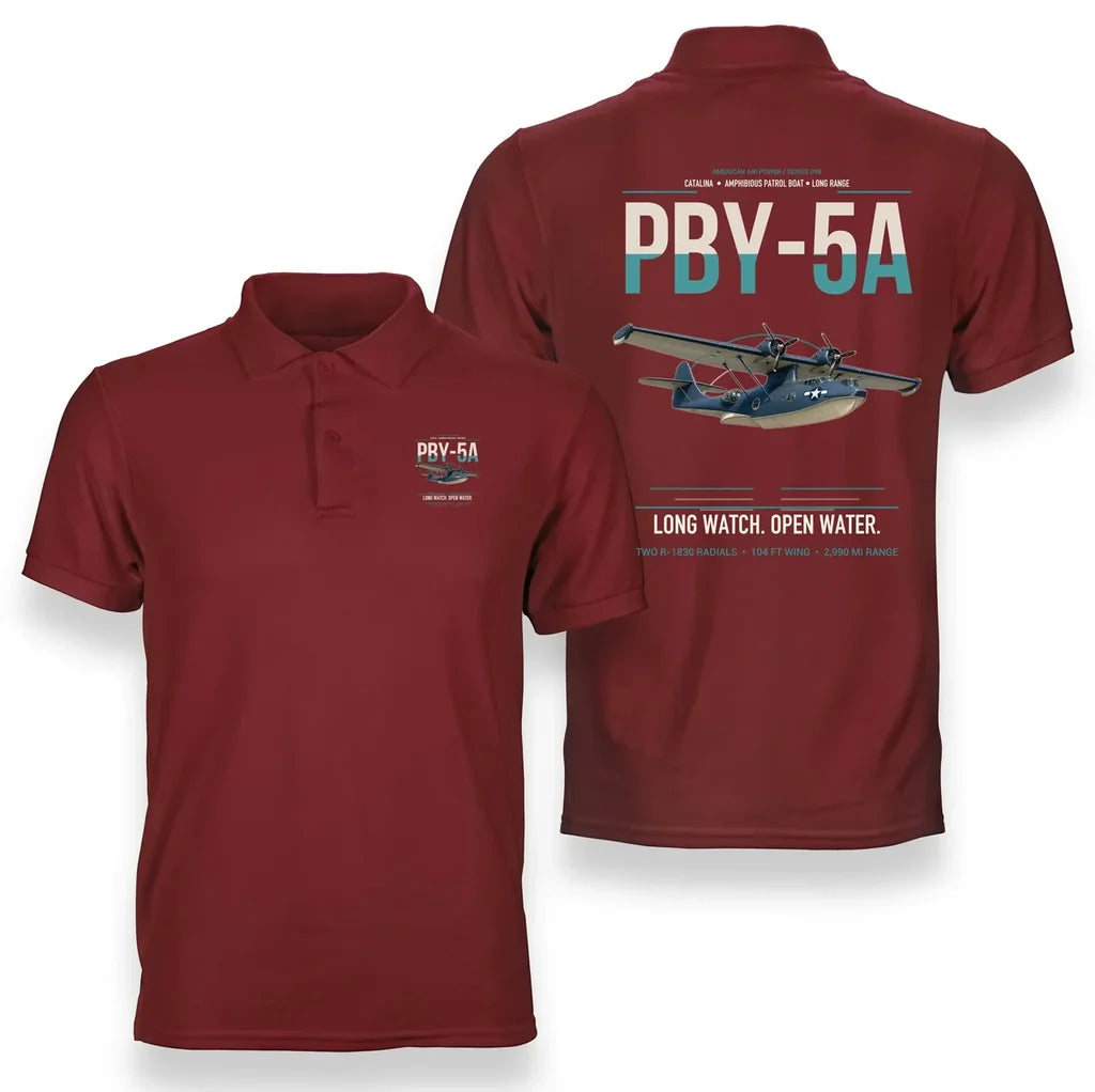 PBY-5A Catalina design on red double-side polo t-shirt, double-side print