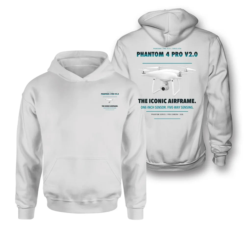 DJI Phantom 4 Pro V2.0 design on white hoodie