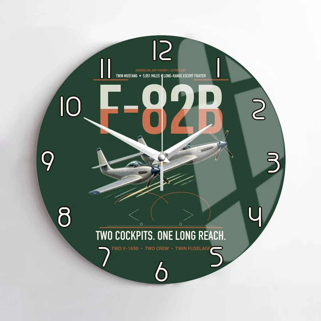 F-82B Twin Mustang design on dark green no frame wall clock