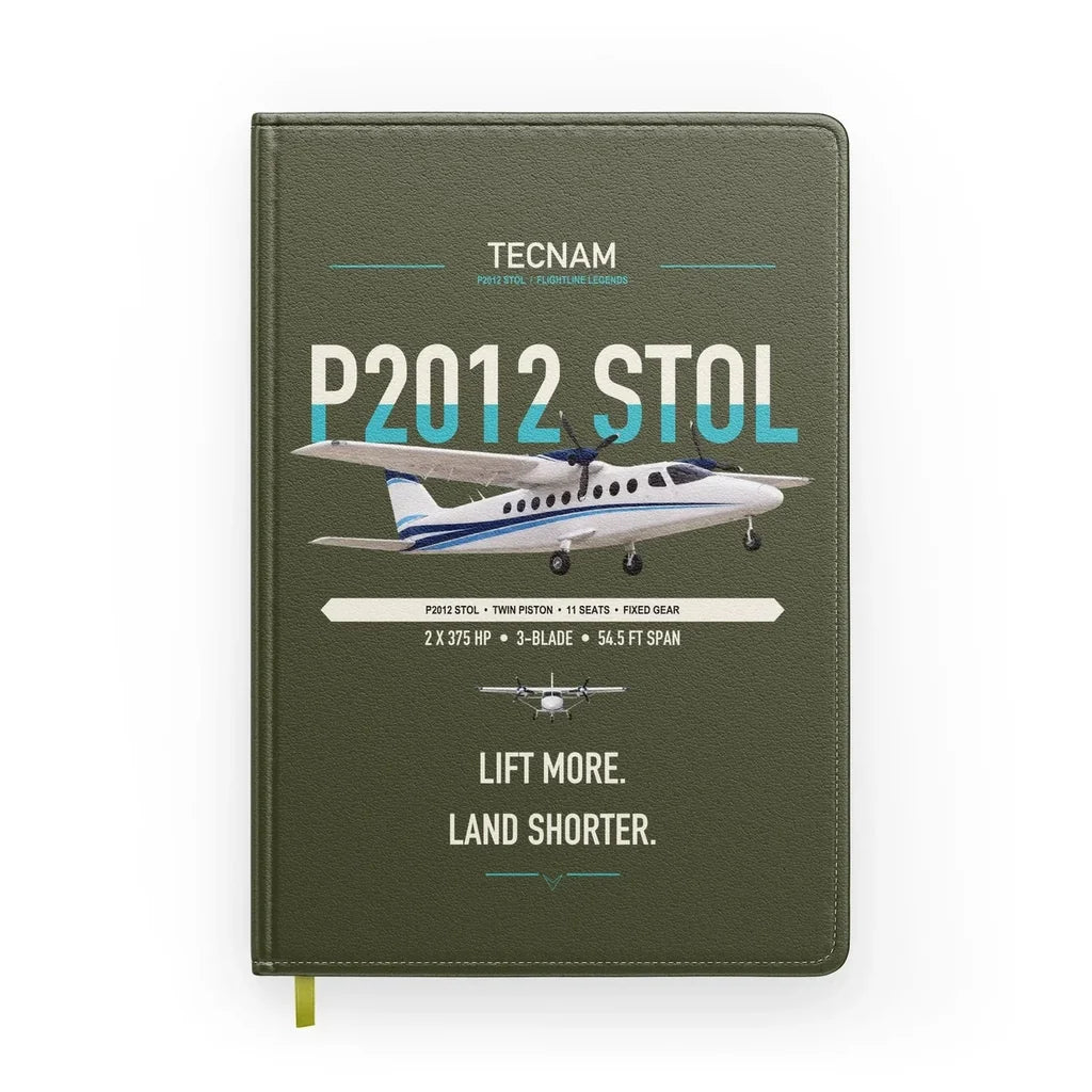 Tecnam P2012 STOL design on green army notebook