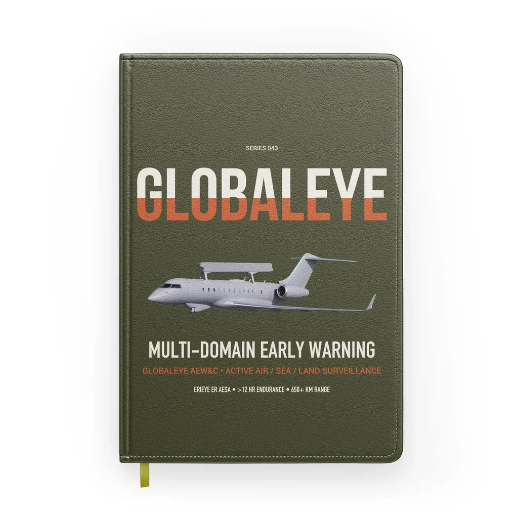 Saab GlobalEye design on green army notebook
