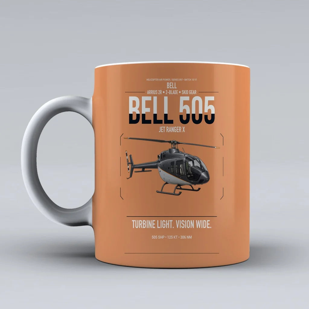 Bell 505 Jet Ranger X design on orange ceramic mug, double-side print