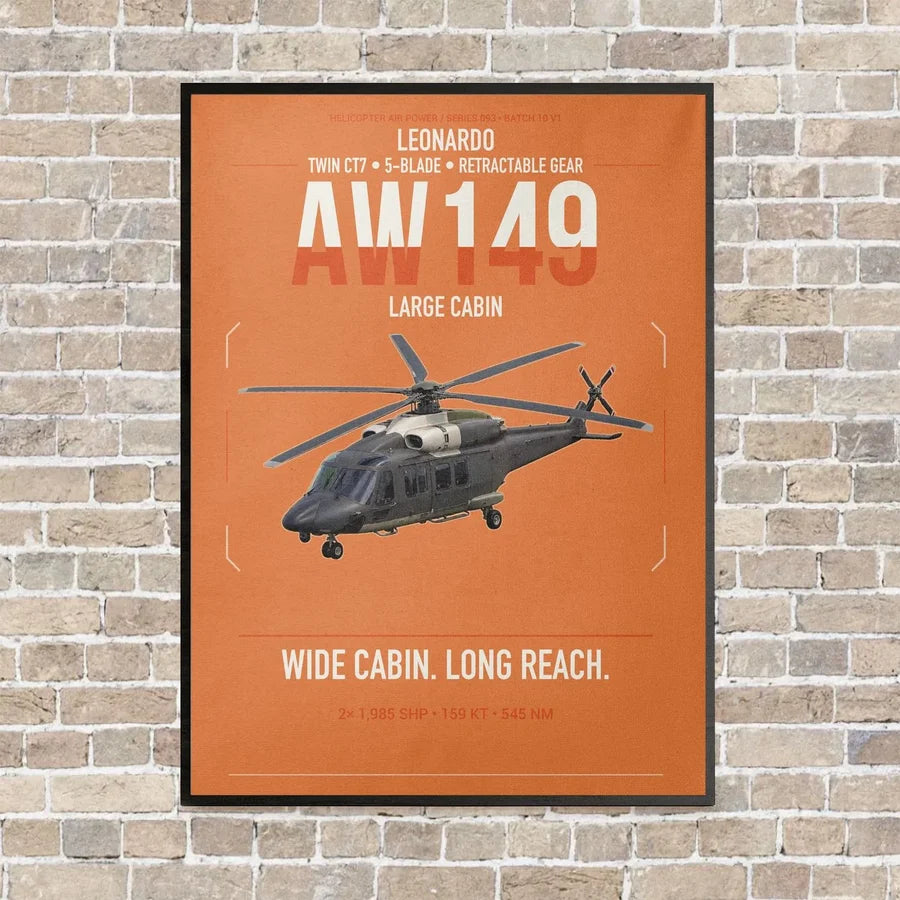 Leonardo AW149 vertical canvas print - framed - orange background