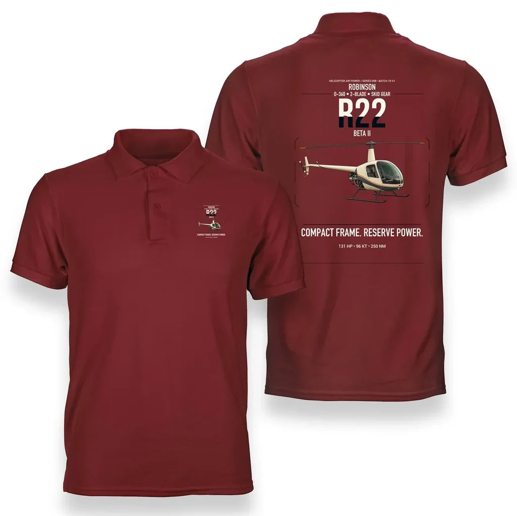 Robinson R22 Beta II design on red double-side polo t-shirt, double-side print