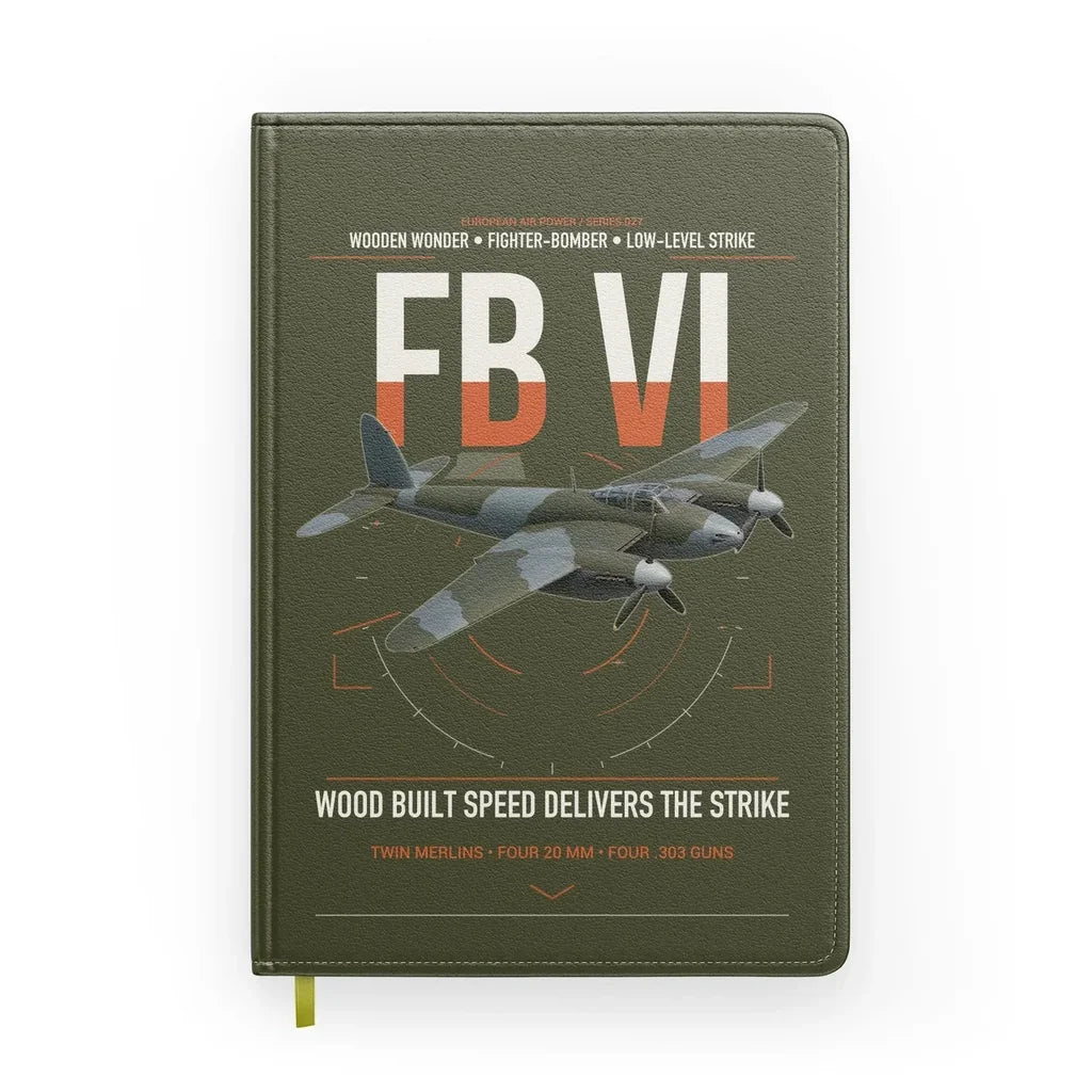 de Havilland Mosquito FB VI design on green army notebook