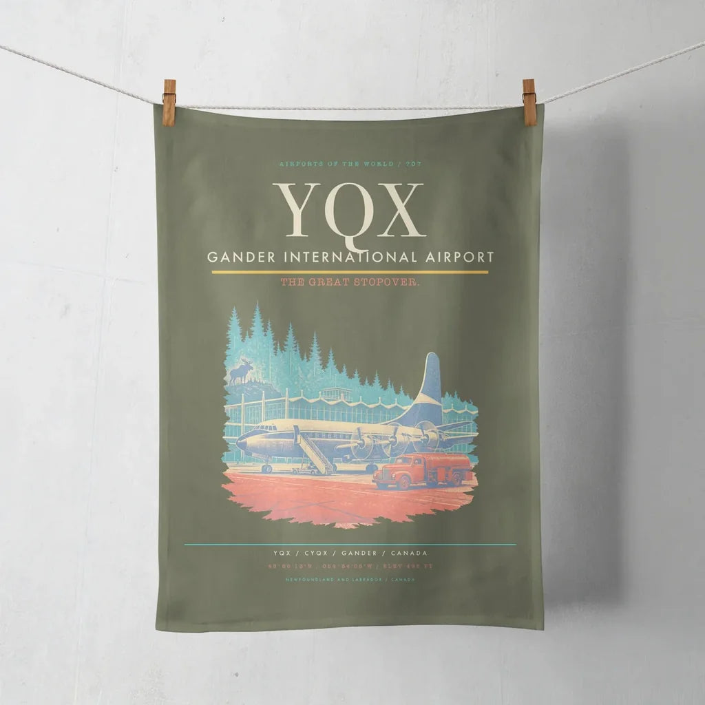 Gander International Airport (YQX) design on green army towel