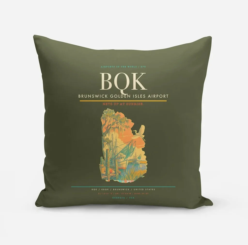 Brunswick Golden Isles Airport (BQK) design on green army pillow