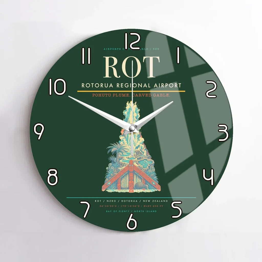 Rotorua Regional Airport (ROT) design on dark green no frame wall clock