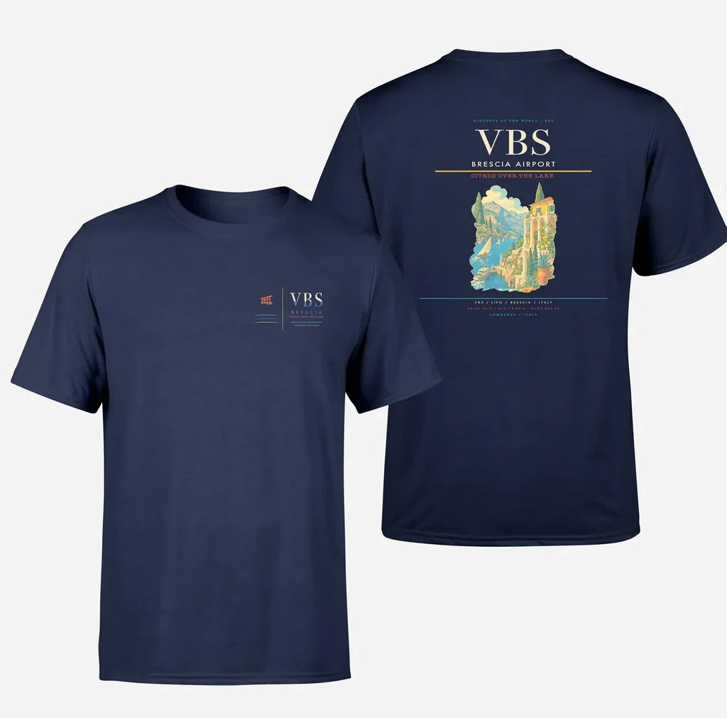 Brescia Airport (VBS) design printed on navy blue double-side t-shirt