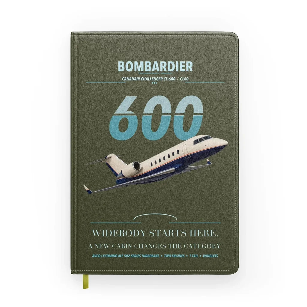 Bombardier Challenger 600 design on green army notebook