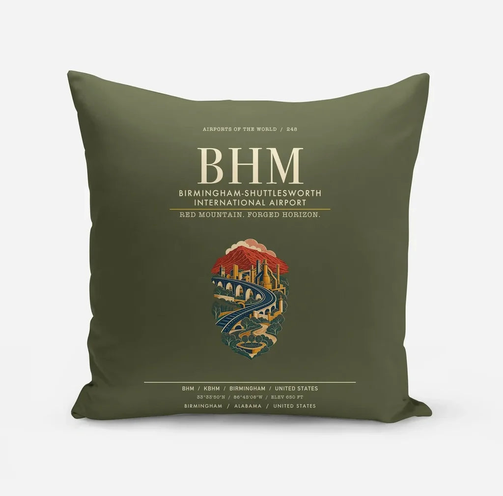 Birmingham-Shuttlesworth International Airport (BHM) design on green army pillow