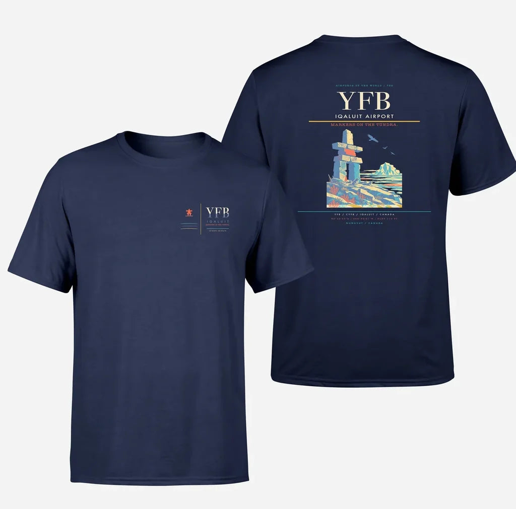 Iqaluit Airport (YFB) design printed on navy blue double-side t-shirt