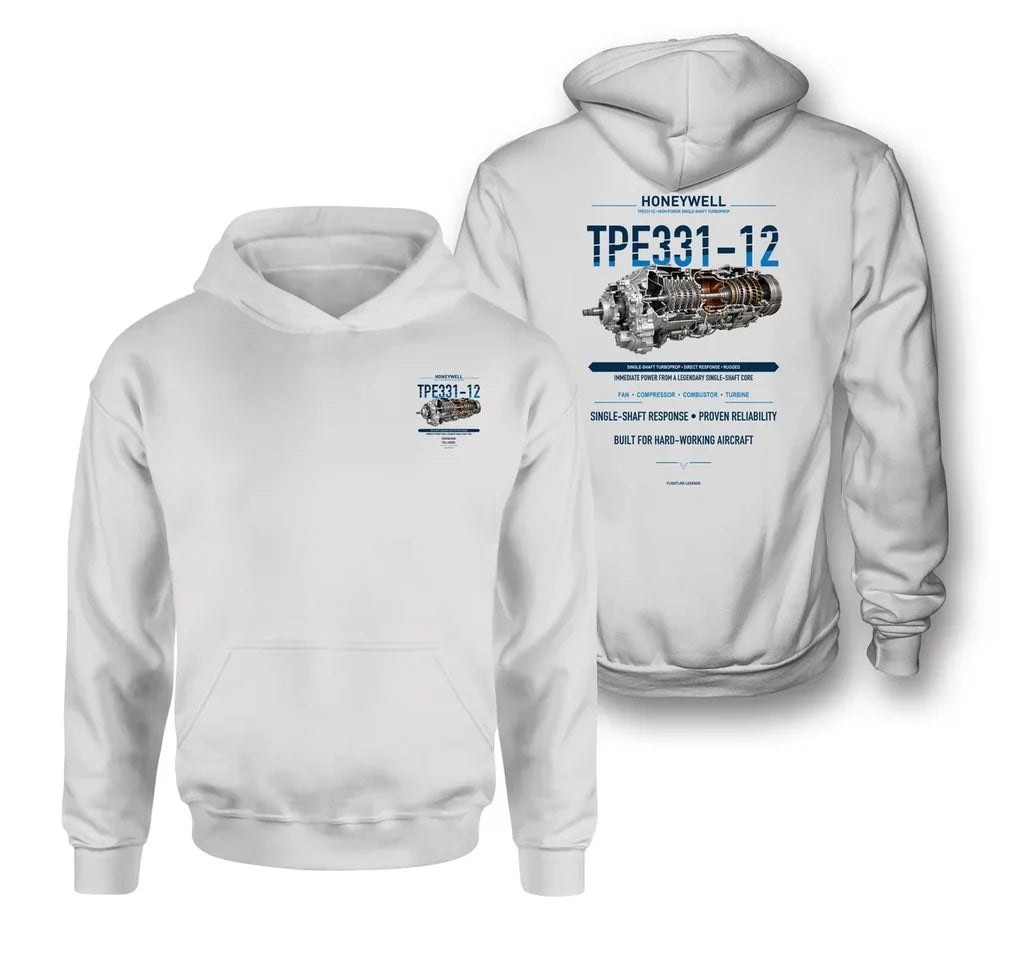 TPE331-12 design on white hoodie