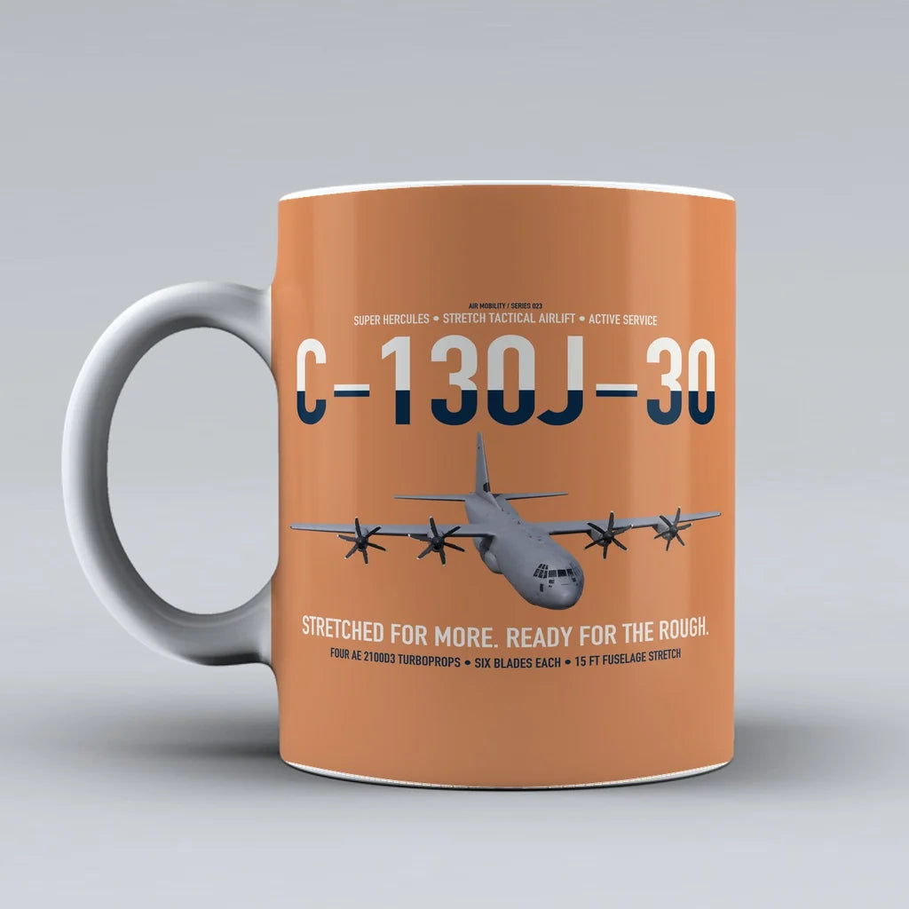 C-130J-30 Super Hercules design on orange ceramic mug, double-side print