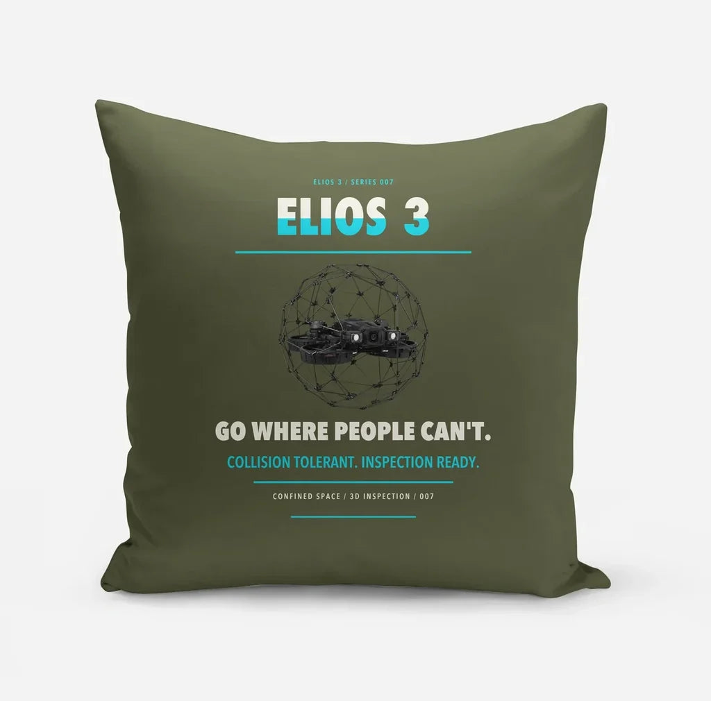 Flyability Elios 3 design on green army pillow