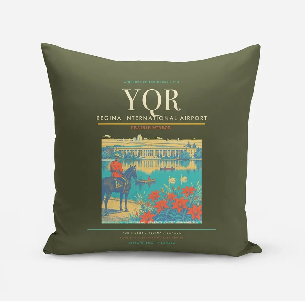 Regina International Airport (YQR) design on green army pillow